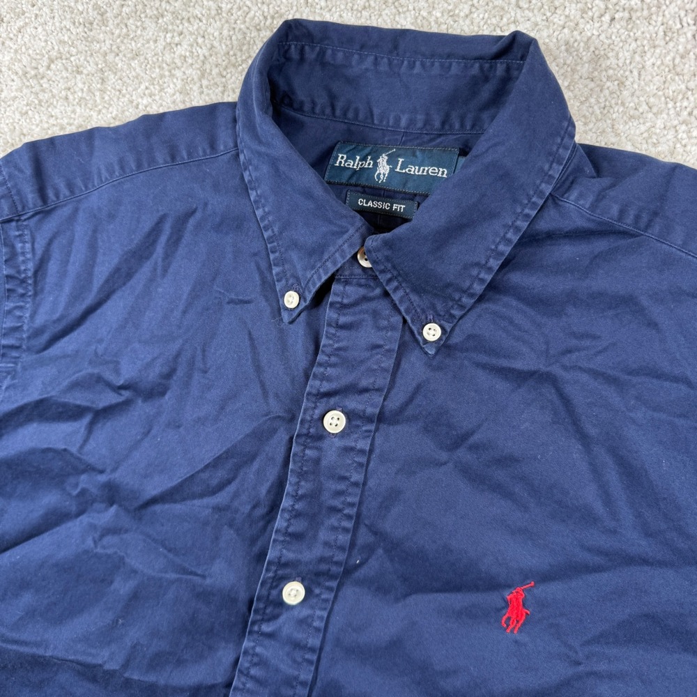 Ralph Lauren Button Down Shirt Men M Navy Blue Classic Fit Short Sleeve Pony